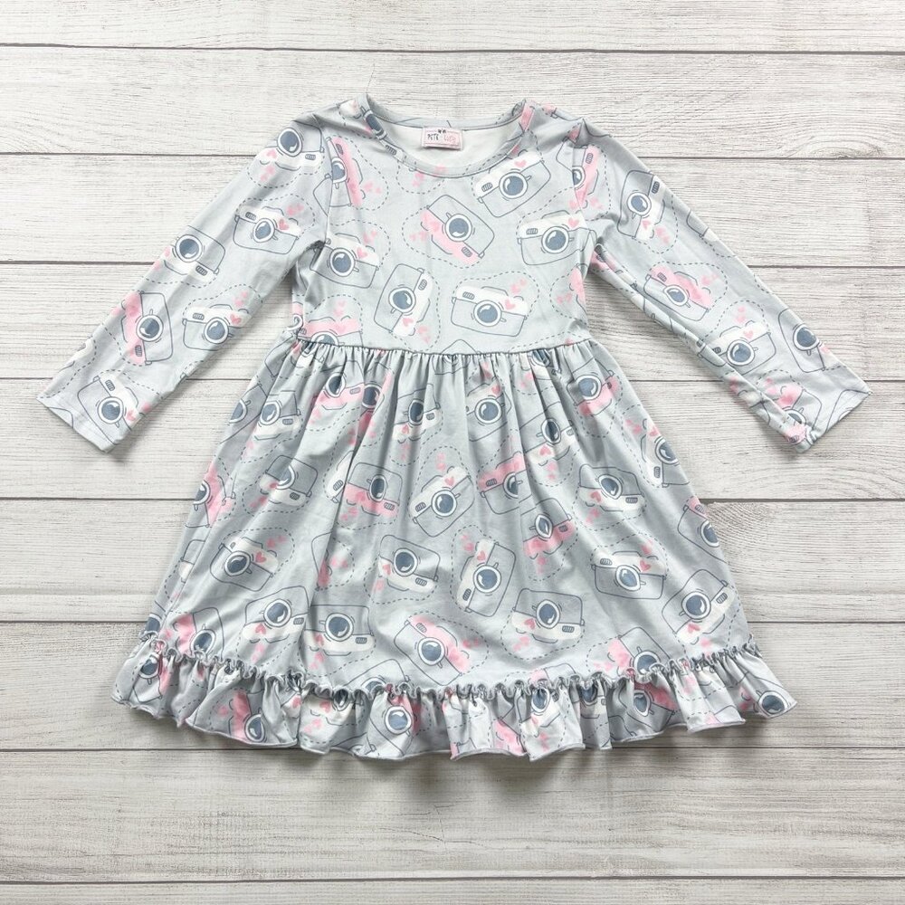 Pete + Lucy Girls Dress Gray Camera Print Long Sleeve Ruffle Hem 6